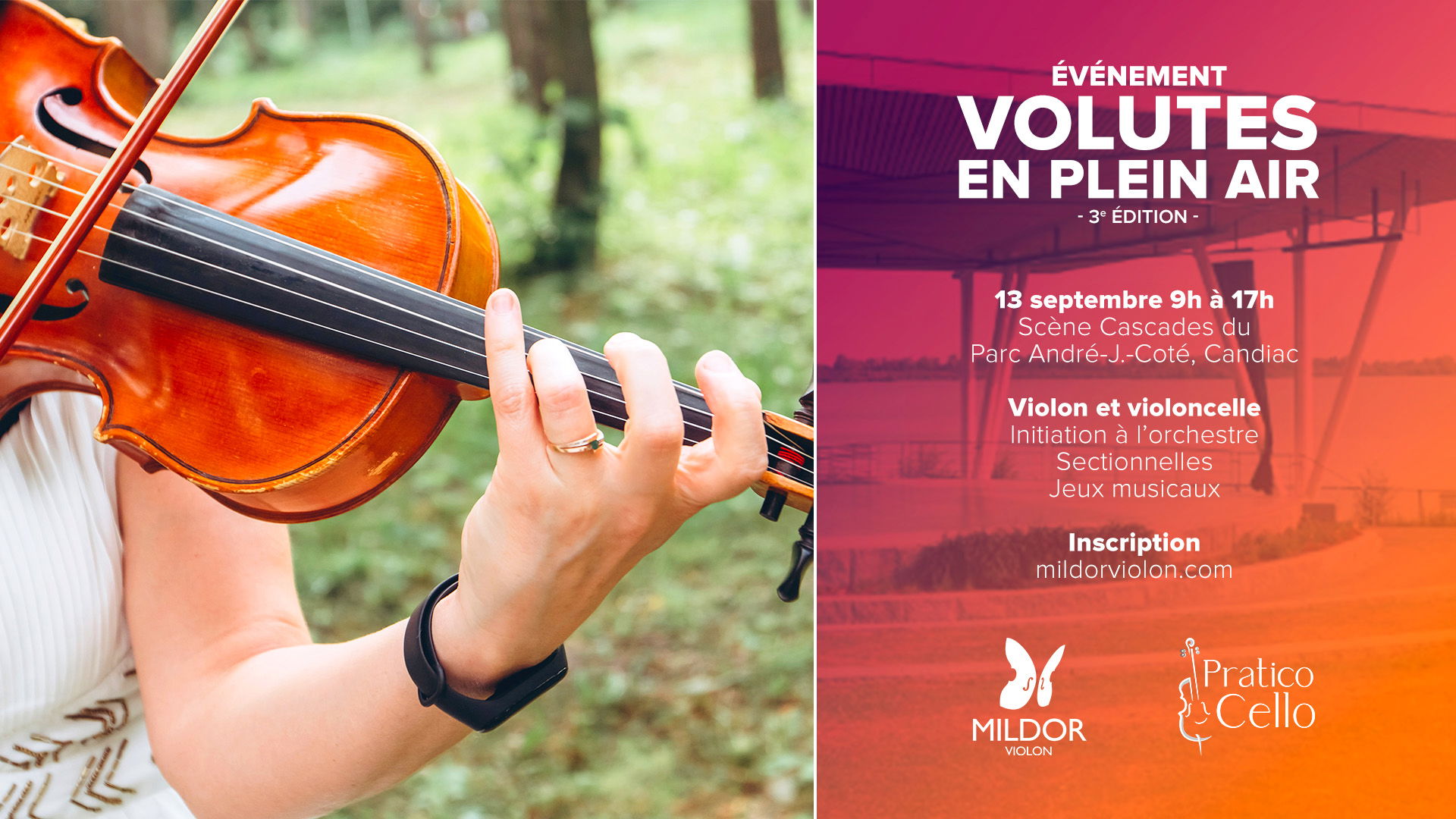 Mildor Violon et PraticoCello vous invitent à leur 3e édition de l'événement Volutes en plein air ! Violonistes et violoncellistes, le 13 septembre 2025, de 9h à 17h, venez jouer de la musique et vous amuser. Sectionnelles, initiation à l'orchestre et jeux musicaux... Tout pour avoir du plaisir ensemble ! Les partitions seront envoyées début août. La scène est couverte donc l'événement aura lieu même s'il pleut. Que du bonheur tout en musique. Amusez-vous !